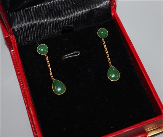 A pair of gold and jadeite earrings, stamped 18k